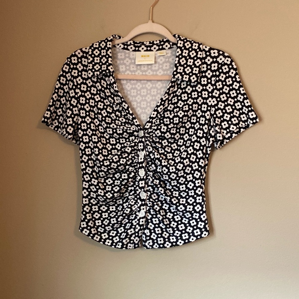 Maeve Anthropologie Black and White Cropped Button Down Short Sleeve Top Small